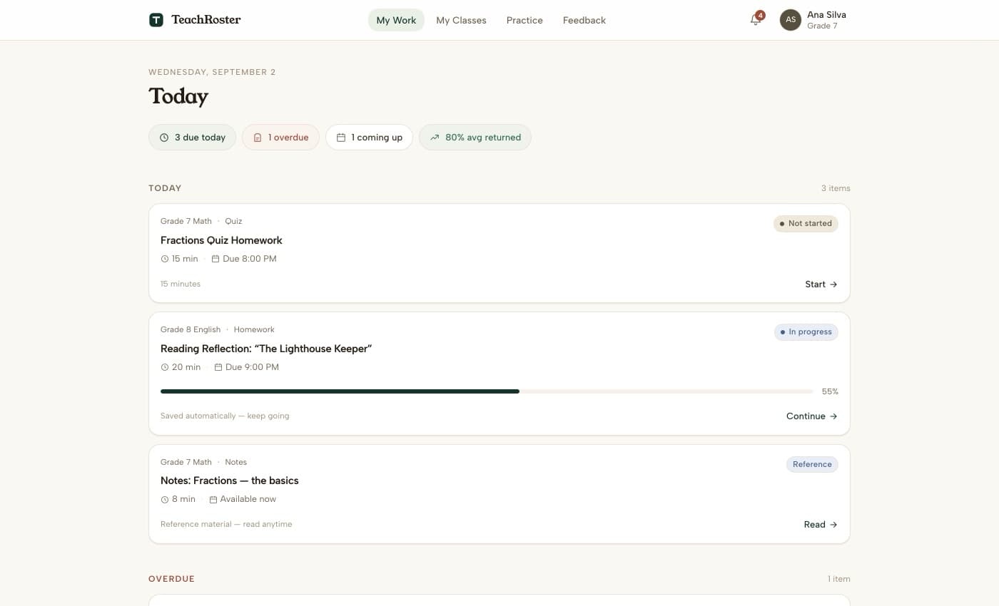 TeachRoster student home — today's homework with start and continue buttons